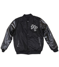 Load image into Gallery viewer, Black Hiac Brands Signature H logo w/ LA LightPole on back Letterman Jacket